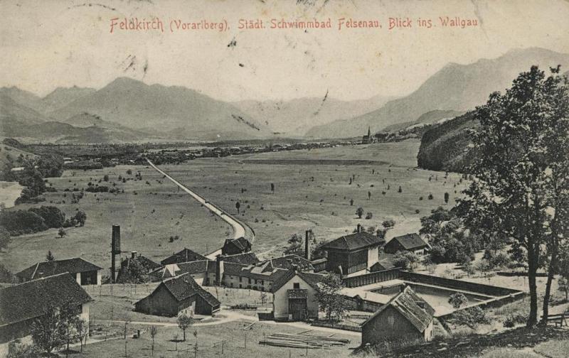 Blick in den Walgau 1905 von Frastanz Felsenau aus. Der alte Trockenturm des Färbereistandortes ist noch gut zu sehen. (c) Vorarlberger Landesbibliothek
