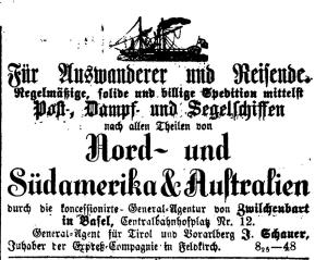 Annonce eines Auswanderungsagenten in Basel, Quelle: Vorarlberger Volksblatt, 4. April 1873