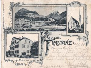 Ansichtskarte von Frastanz mit einer Ortsansicht und Details der Pfarrkirche und des Gh. Löwen-Post (um 1900), Quelle: Archiv Marktgemeinde Frastanz